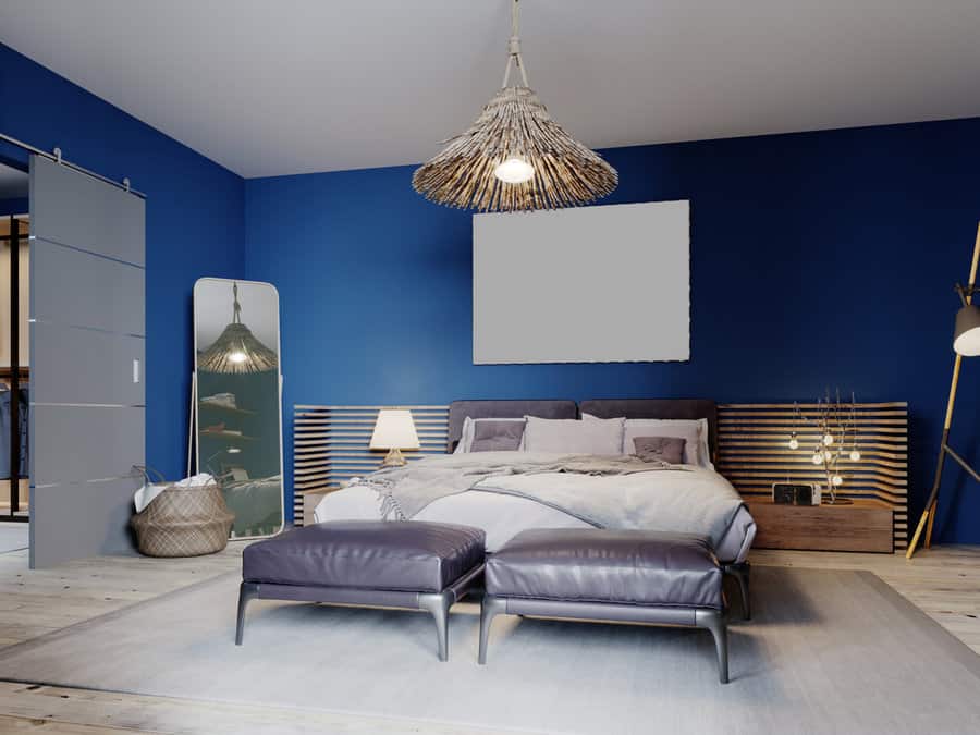 Modern,Bedroom,In,Boho,Design,,With,Blue,Walls,And,Loft