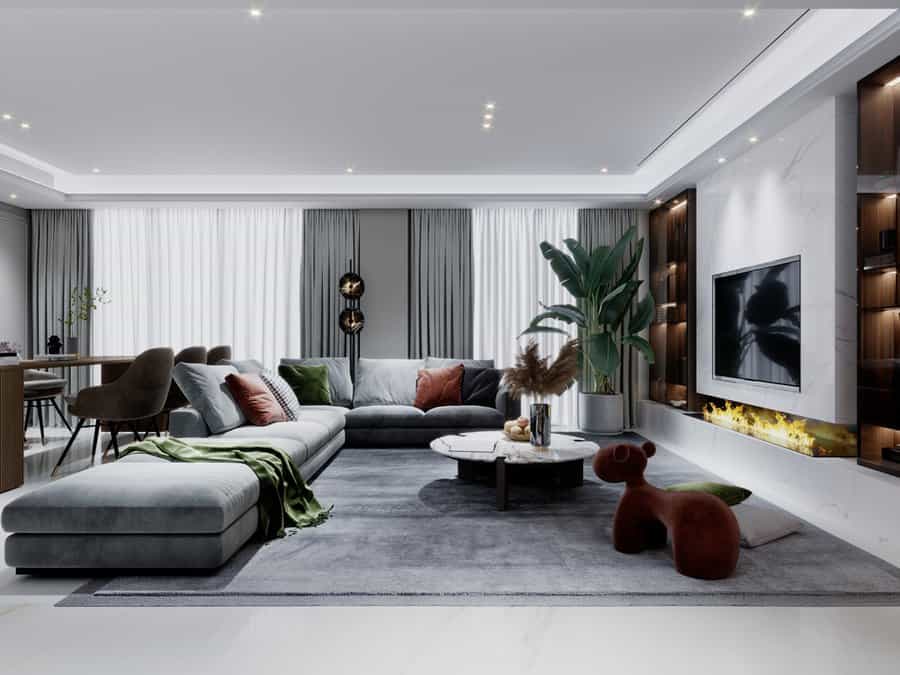 Contemporary,Living,Room,In,White,And,Gray,With,A,Large